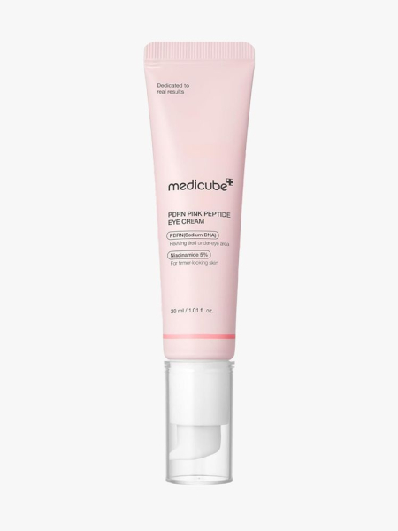 Medicube PDRN Pink Peptide Eye Serum in branded tube component on a light gray background